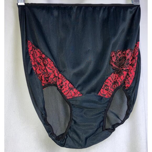 Vintage 50s 60sBlack w Red granny panty all nylon lace gusset Rose mushroom